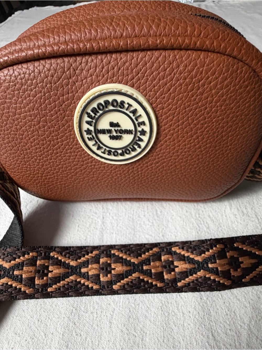 Aeropostale Brown Pebbled Crossbody with Patterned Woven Strap